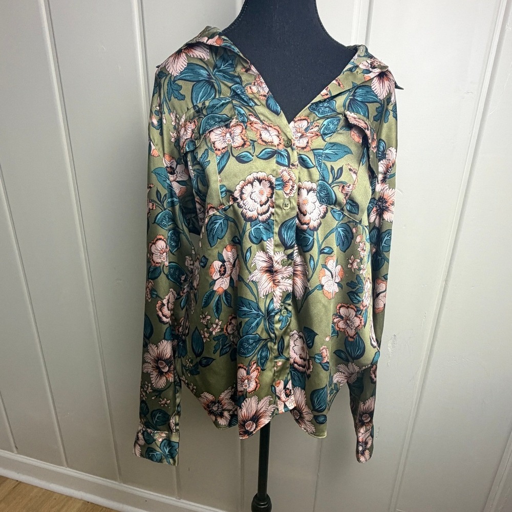 Lauren Ralph Lauren Olive Green Floral Satin Button Down Shirt XL Long Sleeve